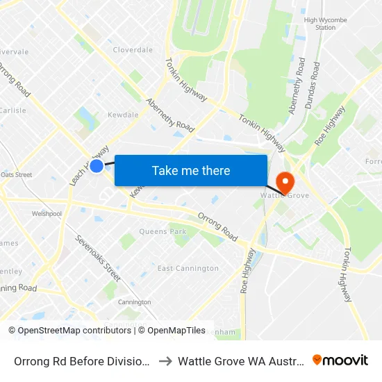 Orrong Rd Before Division St to Wattle Grove WA Australia map