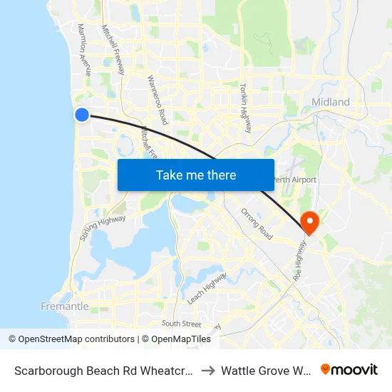 Scarborough Beach Rd Wheatcroft Street Cat Id 18 to Wattle Grove WA Australia map