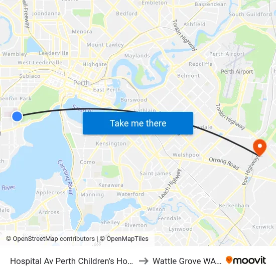 Hospital Av Perth Children's Hospital Cat Id 132 to Wattle Grove WA Australia map