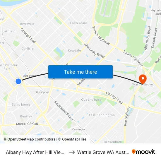 Albany Hwy After Hill View Tce to Wattle Grove WA Australia map
