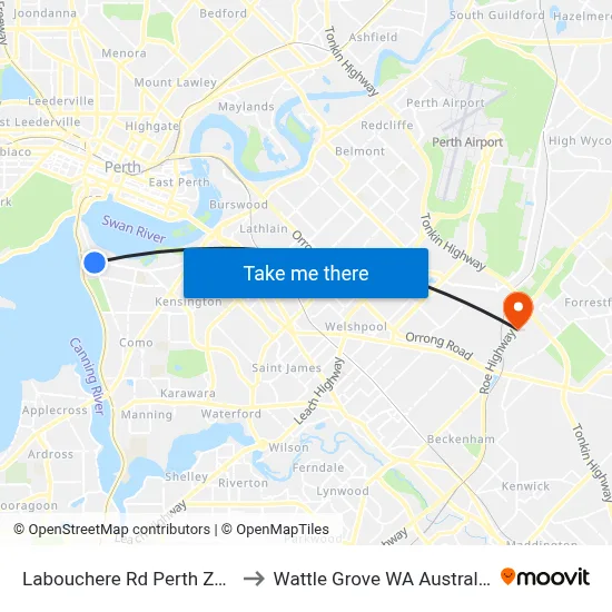 Labouchere Rd Perth Zoo to Wattle Grove WA Australia map