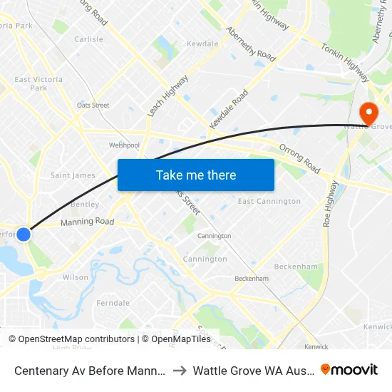 Centenary Av Before Manning Rd to Wattle Grove WA Australia map
