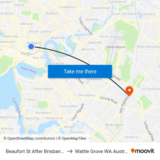 Beaufort St After Brisbane St to Wattle Grove WA Australia map