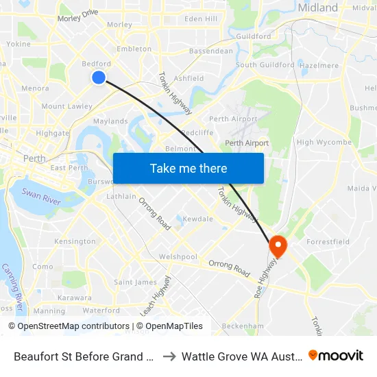 Beaufort St Before Grand Prom to Wattle Grove WA Australia map