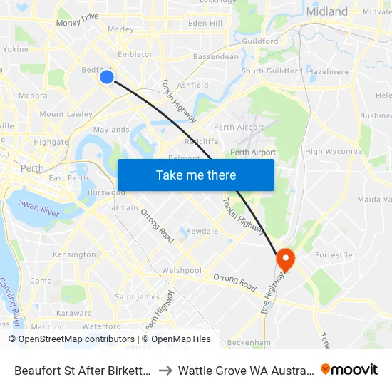 Beaufort St After Birkett St to Wattle Grove WA Australia map