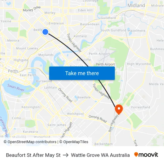 Beaufort St After May St to Wattle Grove WA Australia map