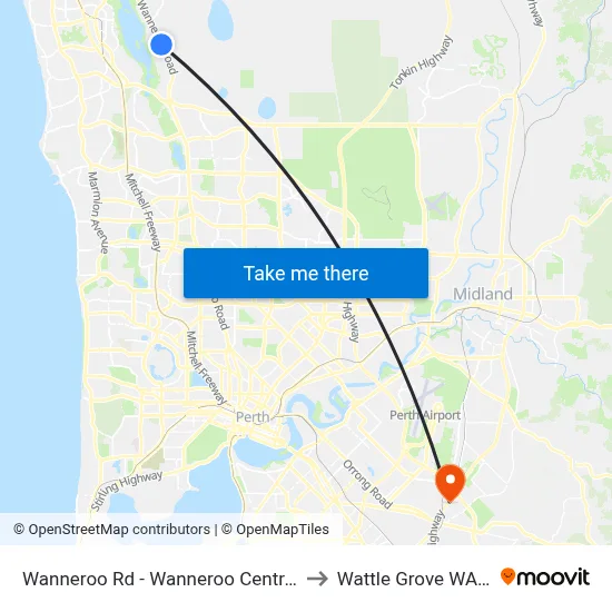 Wanneroo Rd - Wanneroo Central Shopping Ctr to Wattle Grove WA Australia map