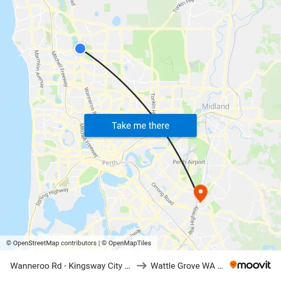 Wanneroo Rd - Kingsway City Shopping Ctr to Wattle Grove WA Australia map