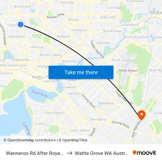 Wanneroo Rd After Royal St to Wattle Grove WA Australia map