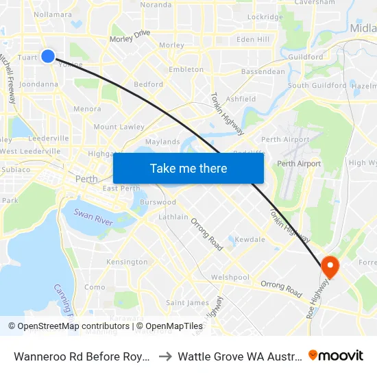 Wanneroo Rd Before Royal St to Wattle Grove WA Australia map