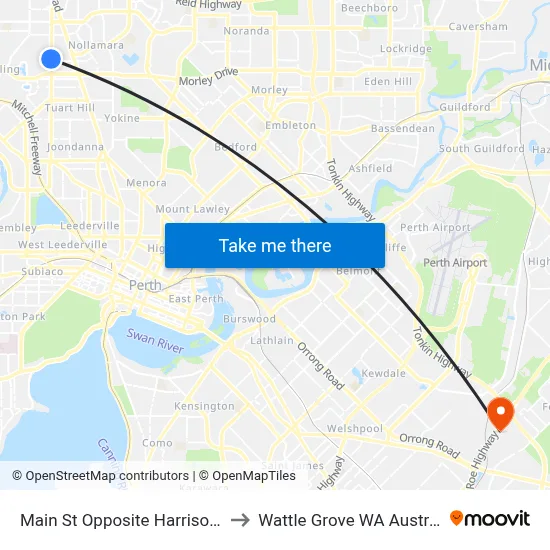 Main St Opposite Harrison St to Wattle Grove WA Australia map