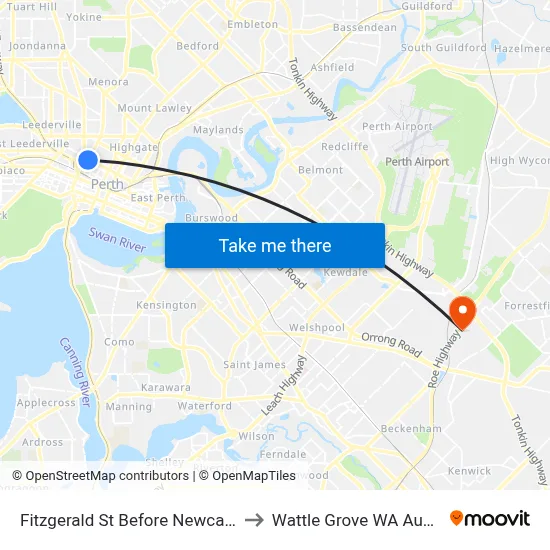 Fitzgerald St Before Newcastle St to Wattle Grove WA Australia map
