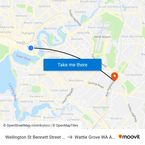Wellington St Bennett Street Cat Id 53 to Wattle Grove WA Australia map