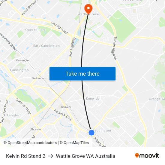 Kelvin Rd Stand 2 to Wattle Grove WA Australia map