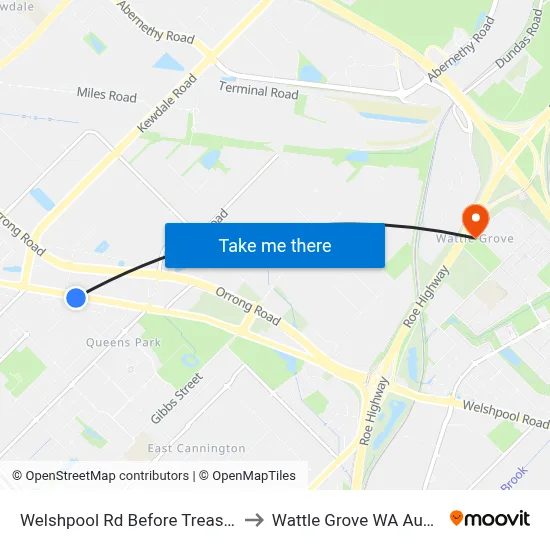 Welshpool Rd Before Treasure Rd to Wattle Grove WA Australia map