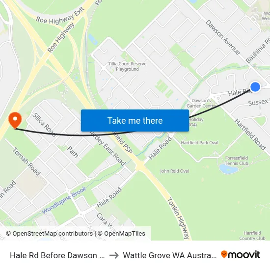 Hale Rd Before Dawson Av to Wattle Grove WA Australia map