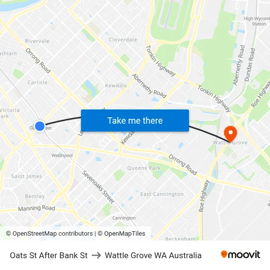 Oats St After Bank St to Wattle Grove WA Australia map