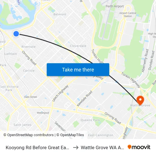 Kooyong Rd Before Great Eastern Hwy to Wattle Grove WA Australia map