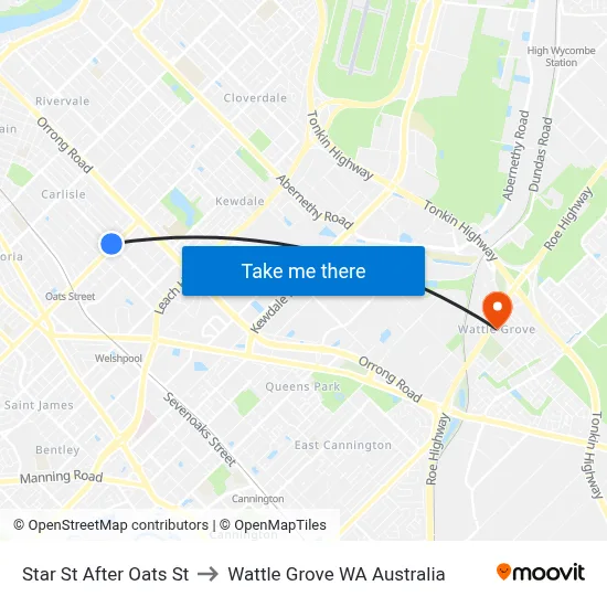 Star St After Oats St to Wattle Grove WA Australia map