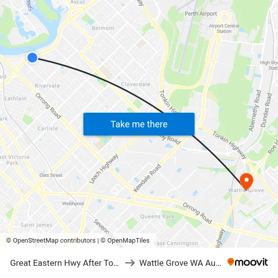 Great Eastern Hwy After Toorak Rd to Wattle Grove WA Australia map