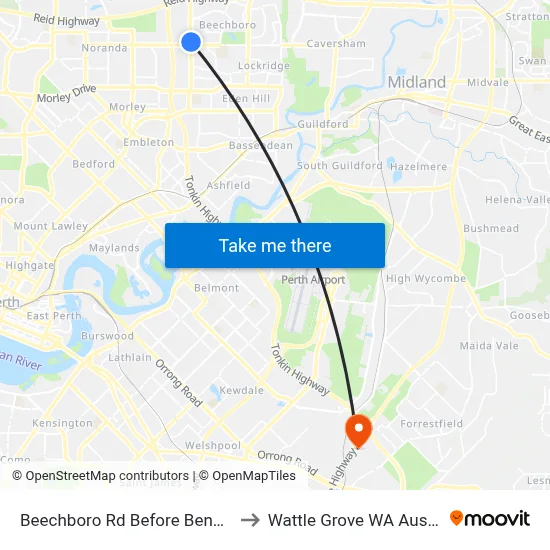 Beechboro Rd Before Benara Rd to Wattle Grove WA Australia map