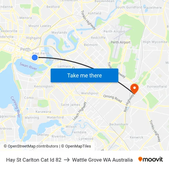 Hay St Carlton Cat Id 82 to Wattle Grove WA Australia map
