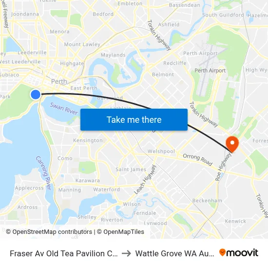 Fraser Av Old Tea Pavilion Cat Id 25 to Wattle Grove WA Australia map