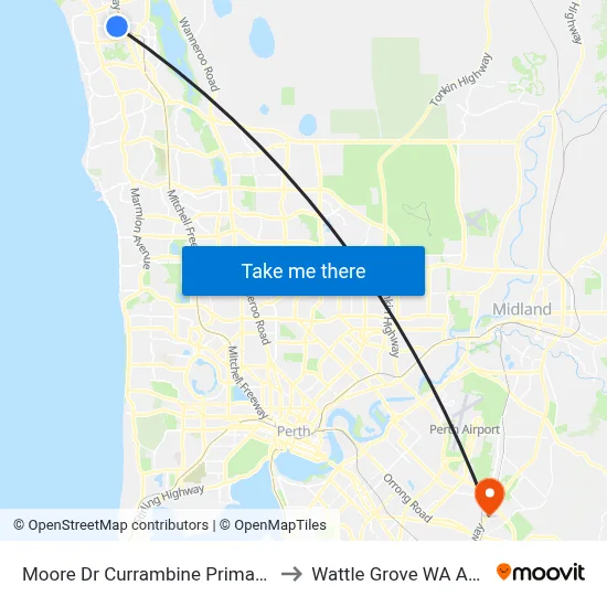 Moore Dr Currambine Primary School to Wattle Grove WA Australia map