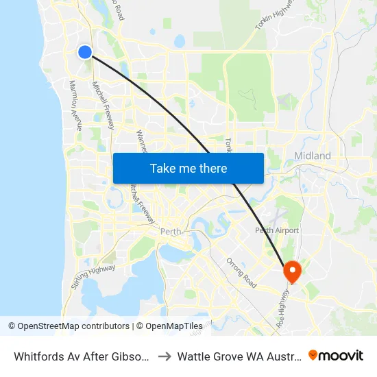 Whitfords Av After Gibson Av to Wattle Grove WA Australia map