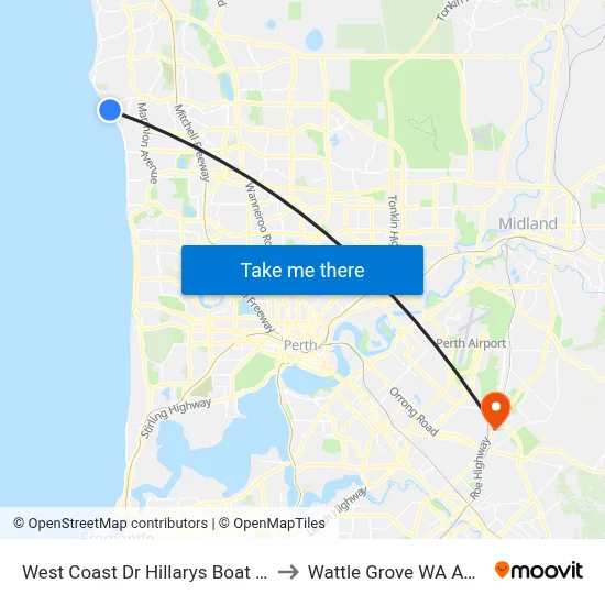 West Coast Dr Hillarys Boat Harbour to Wattle Grove WA Australia map