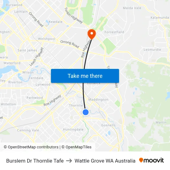 Burslem Dr Thornlie Tafe to Wattle Grove WA Australia map