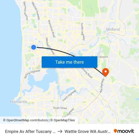 Empire Av After Tuscany Wy to Wattle Grove WA Australia map