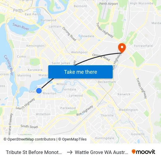 Tribute St Before Monota Av to Wattle Grove WA Australia map