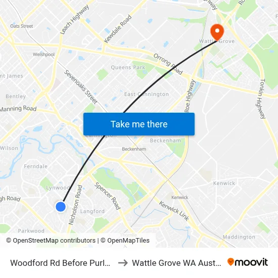 Woodford Rd Before Purley Cr to Wattle Grove WA Australia map
