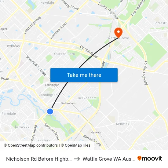 Nicholson Rd Before Highbury Cr to Wattle Grove WA Australia map