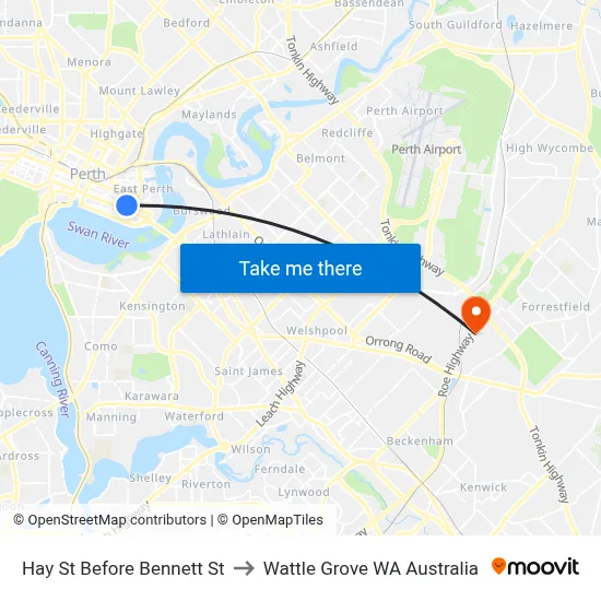 Hay St Before Bennett St to Wattle Grove WA Australia map