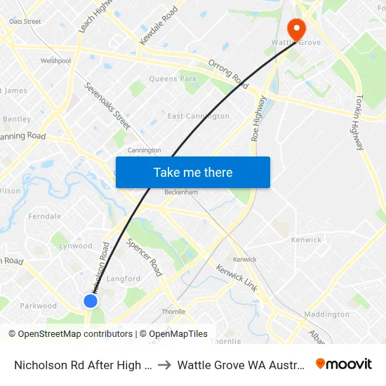 Nicholson Rd After High Rd to Wattle Grove WA Australia map