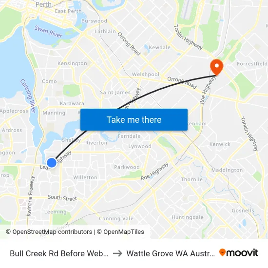 Bull Creek Rd Before Webb St to Wattle Grove WA Australia map