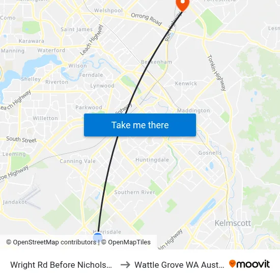 Wright Rd Before Nicholson Rd to Wattle Grove WA Australia map