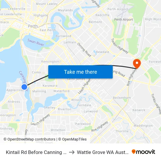 Kintail Rd Before Canning Hwy to Wattle Grove WA Australia map