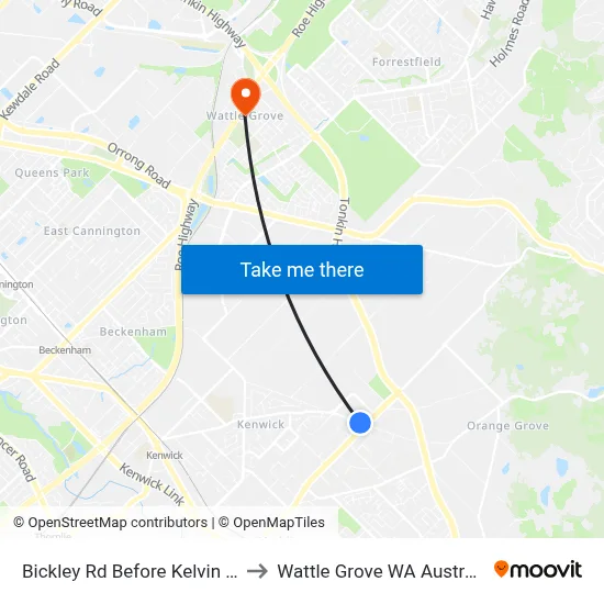 Bickley Rd Before Kelvin Rd to Wattle Grove WA Australia map