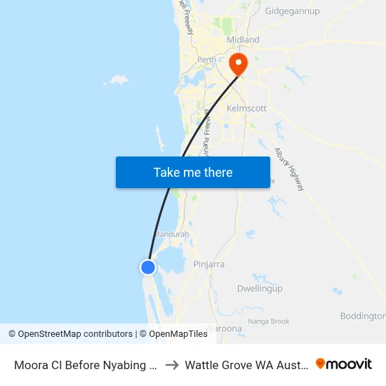 Moora Cl Before Nyabing Pass to Wattle Grove WA Australia map