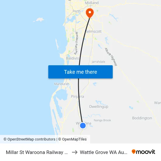 Millar St Waroona Railway Station to Wattle Grove WA Australia map
