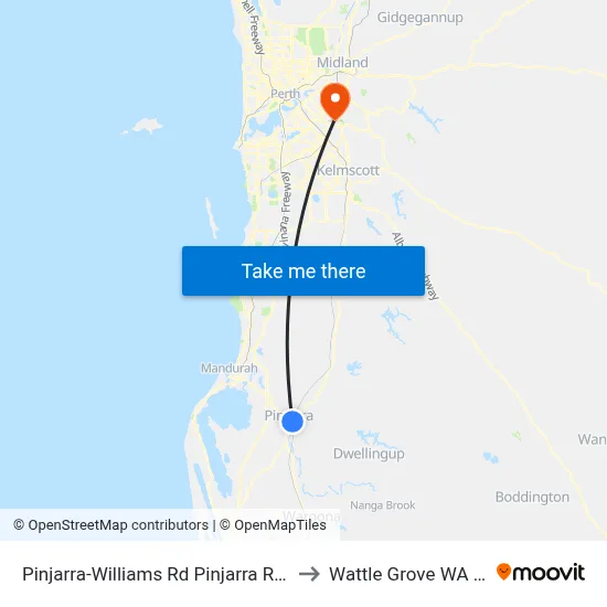 Pinjarra-Williams Rd Pinjarra Railway Station to Wattle Grove WA Australia map