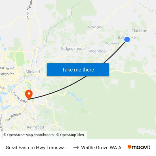 Great Eastern Hwy Transwa Bakers Hill to Wattle Grove WA Australia map