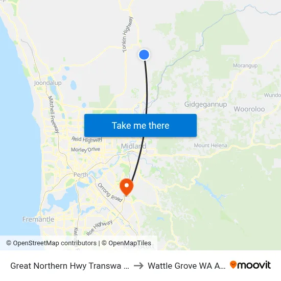 Great Northern Hwy Transwa Bullsbrook to Wattle Grove WA Australia map