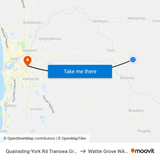 Quairading-York Rd Transwa Greenhills Turnoff to Wattle Grove WA Australia map