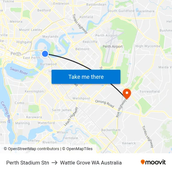 Perth Stadium Stn to Wattle Grove WA Australia map
