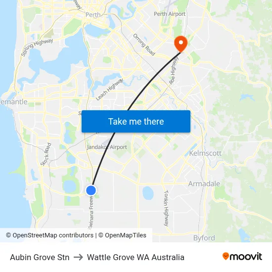 Aubin Grove Stn to Wattle Grove WA Australia map