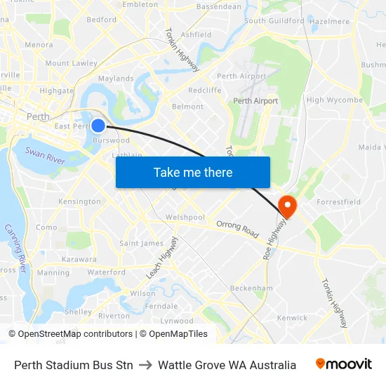 Perth Stadium Bus Stn to Wattle Grove WA Australia map